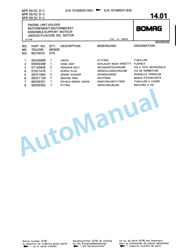 Bomag BPR 50-52 D-2. BPR 55-52 D-2, BPR 60-52 D-2 Vibratory Plate Compactor Spare Parts Catalogue 00811350-5