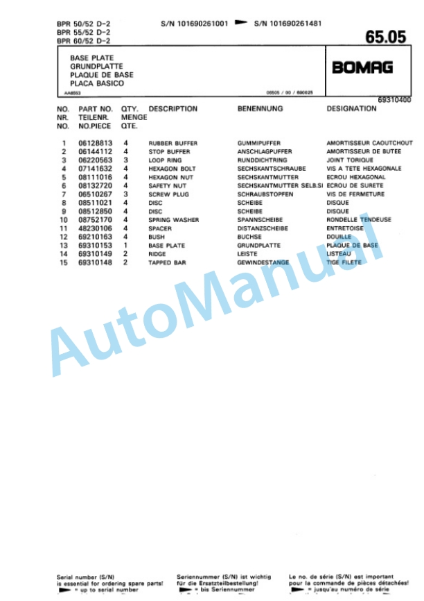 Bomag BPR 50-52 D-2. BPR 55-52 D-2, BPR 60-52 D-2 Vibratory Plate Compactor Spare Parts Catalogue 00811351-3