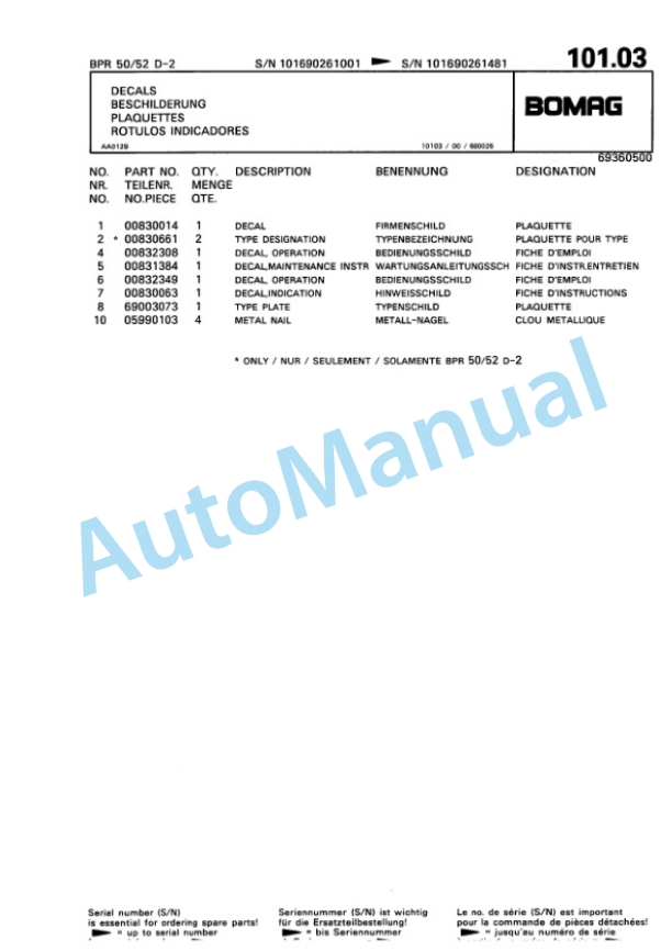 Bomag BPR 50-52 D-2. BPR 55-52 D-2, BPR 60-52 D-2 Vibratory Plate Compactor Spare Parts Catalogue 00811351-5