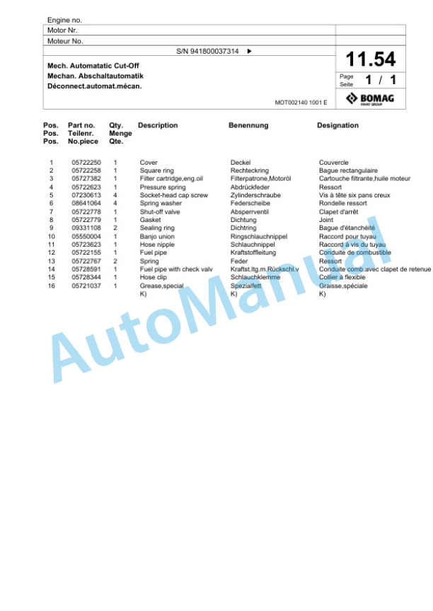 Bomag BPR 50-52 D-3 Vibratory Plate Compactor Spare Parts Catalogue 00811426-2