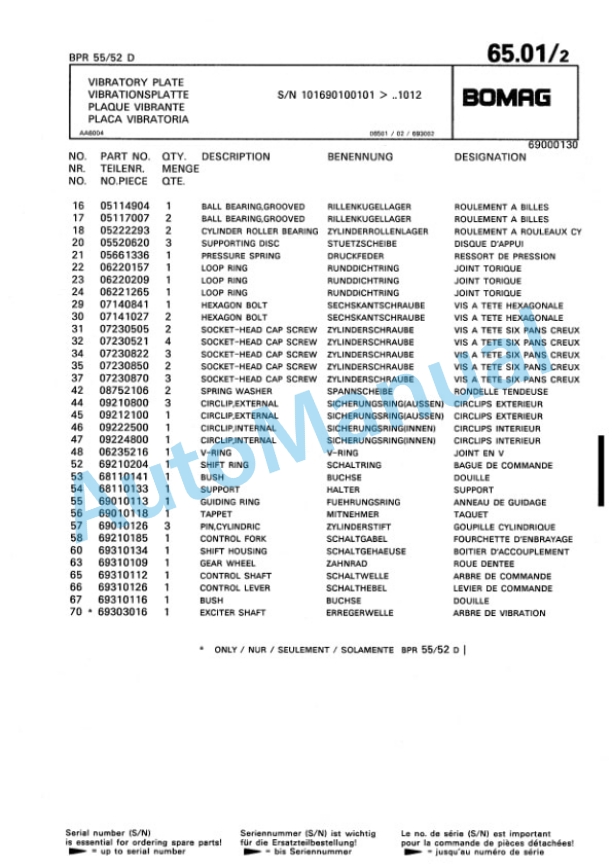 Bomag BPR 50-52 D, BPR 55-52 D, BPR 60-52 D Vibratory Plate Compactor Spare Parts Catalogue 00813405-5