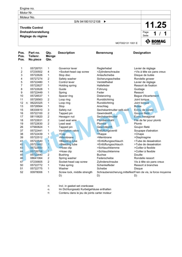 Bomag BPR 50-52D-3, BPR 55-52D-3 Vibratory Plate Compactor Spare Parts Catalogue 00817440-2
