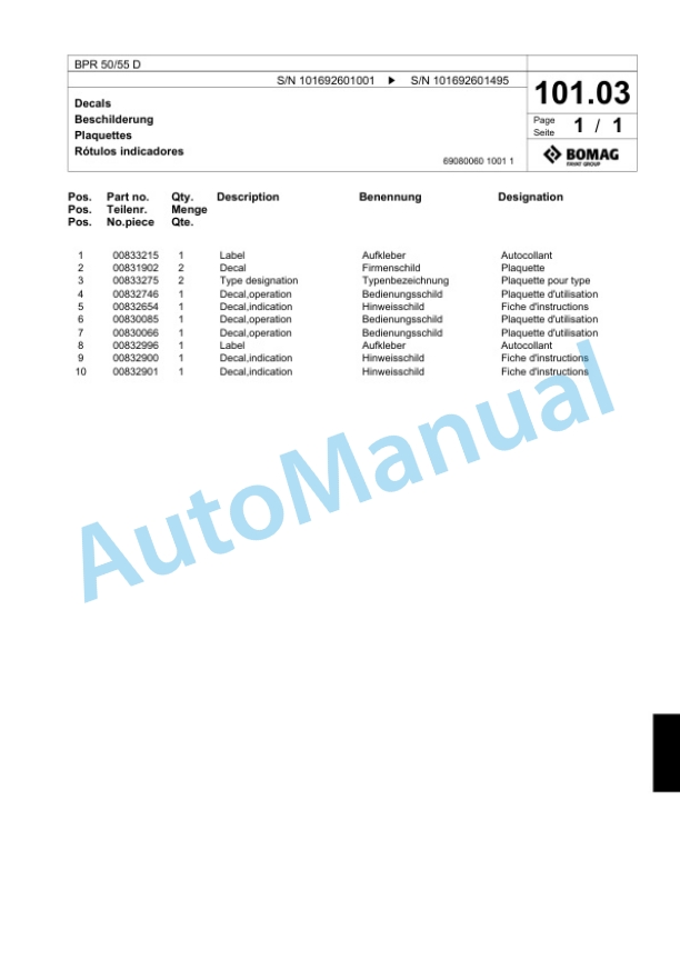 Bomag BPR 50-55 D Vibratory Plate Compactor Spare Parts Catalogue 00824323-5