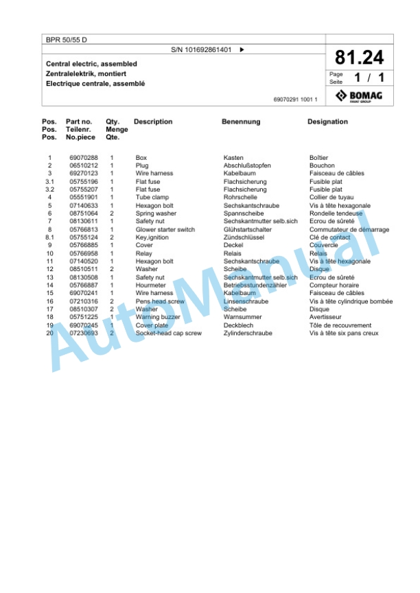 Bomag BPR 50-55 D Vibratory Plate Compactor Spare Parts Catalogue 00825011-4