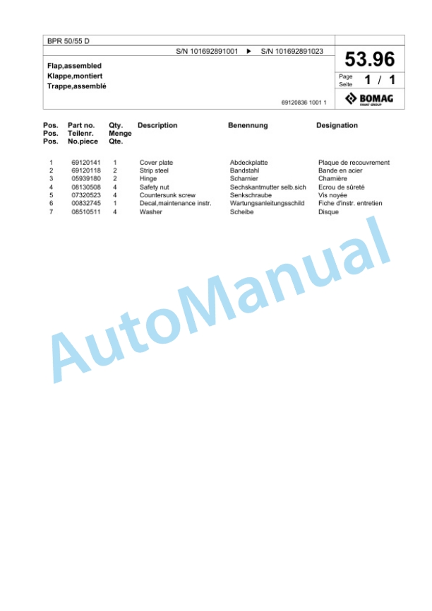 Bomag BPR 50-55 D Vibratory Plate Compactor Spare Parts Catalogue 00825017-3