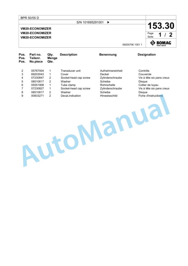 Bomag BPR 50-55 D Vibratory Plate Compactor Spare Parts Catalogue 00825801-5