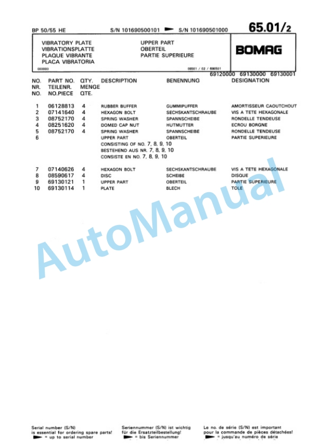 Bomag BPR 50-55 HE Vibratory Plate Compactor Spare Parts Catalogue 00813334-5