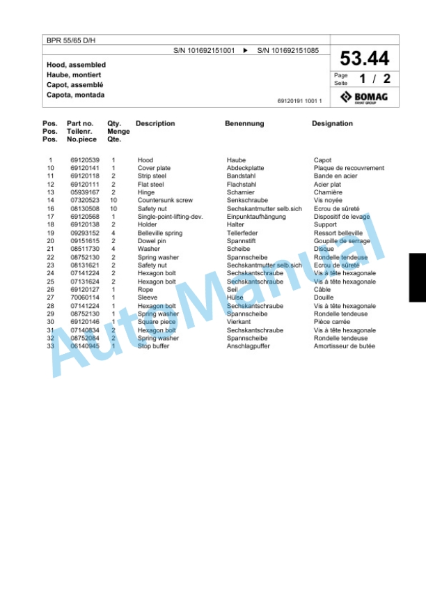 Bomag BPR 55-65 D-H Vibratory Plate Compactor Spare Parts Catalogue 00818495-3