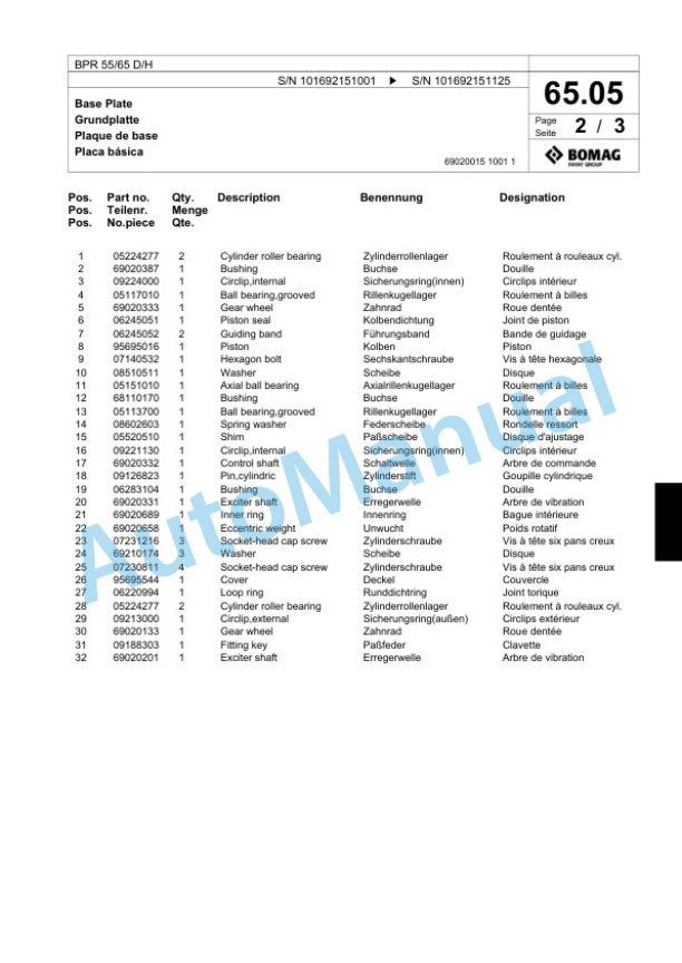 Bomag BPR 55-65 D-H Vibratory Plate Compactor Spare Parts Catalogue 00818495-4