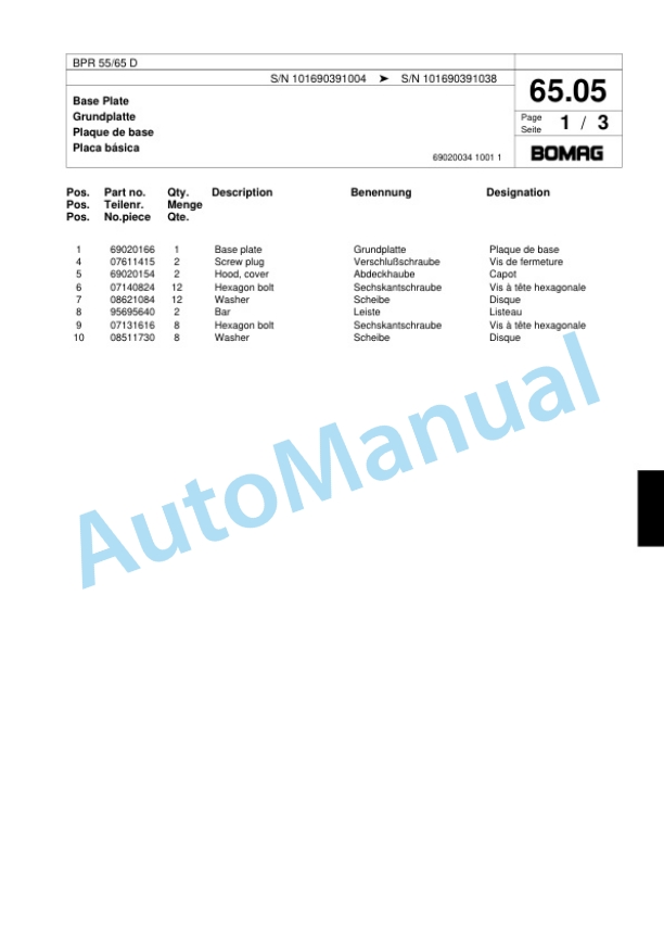 Bomag BPR 55-65 D Vibratory Plate Compactor Spare Parts Catalogue 00817923-4