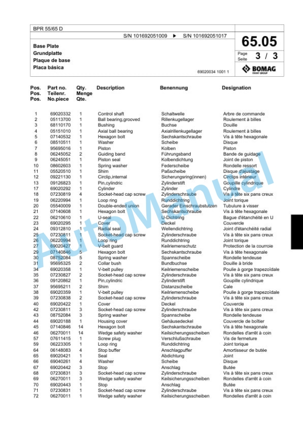 Bomag BPR 55-65 D Vibratory Plate Compactor Spare Parts Catalogue 00817985-5