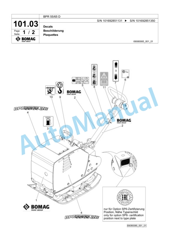Bomag BPR 55-65 D Vibratory Plate Compactor Spare Parts Catalogue 00825009-4