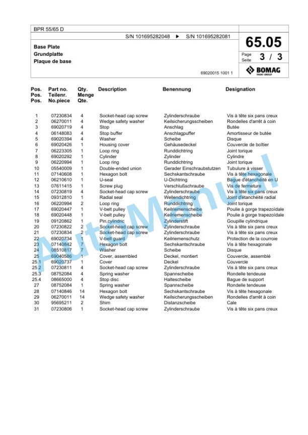 Bomag BPR 55-66 D Vibratory Plate Compactor Spare Parts Catalogue 00825787-2