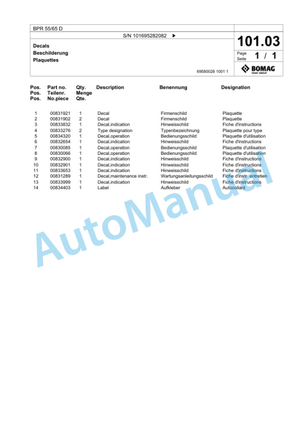Bomag BPR 55-66 D Vibratory Plate Compactor Spare Parts Catalogue 00825787-3
