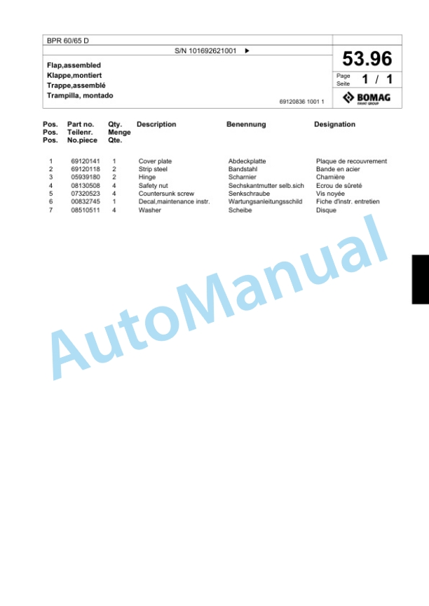 Bomag BPR 60-65 D Vibratory Plate Compactor Spare Parts Catalogue 00824327-3
