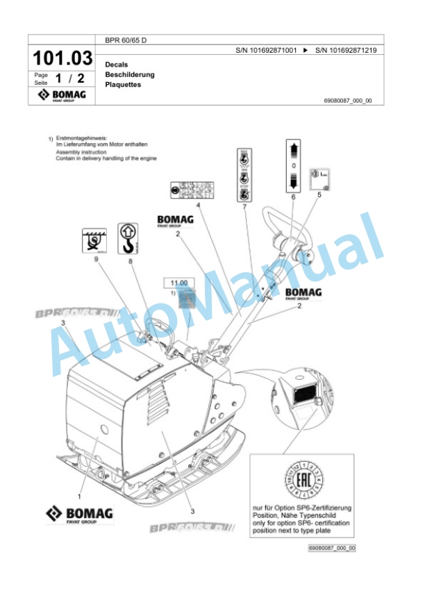 Bomag BPR 60-65 D Vibratory Plate Compactor Spare Parts Catalogue 00825013-5