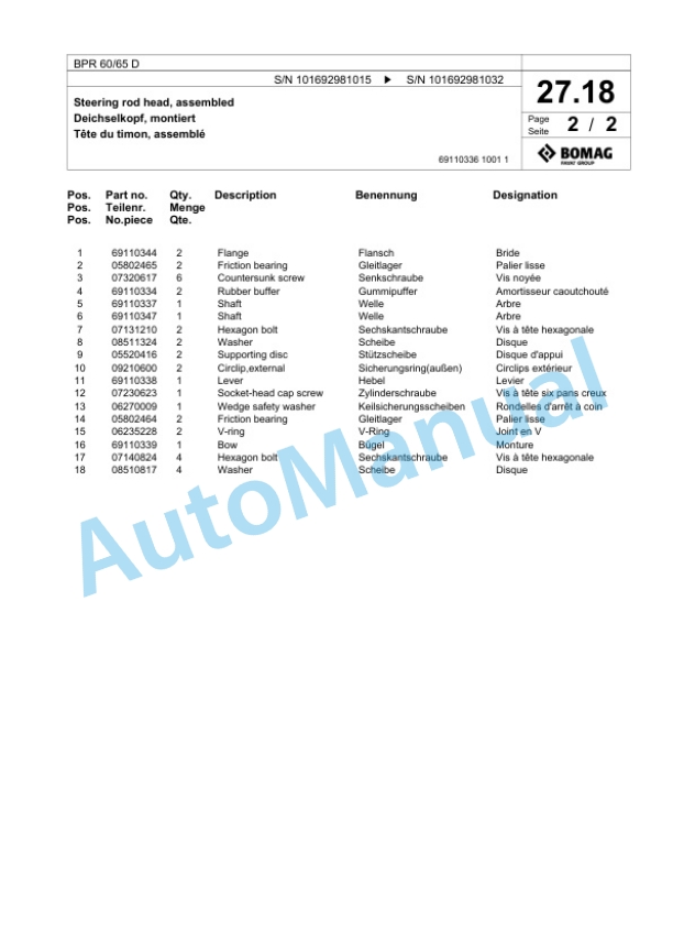 Bomag BPR 60-65 D Vibratory Plate Compactor Spare Parts Catalogue 00825019-2