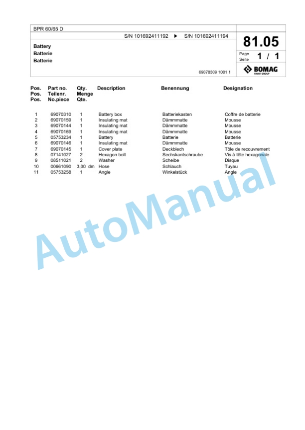 Bomag BPR 60-65 D Vibratory Plate Compactor Spare Parts Catalogue 00825247-3