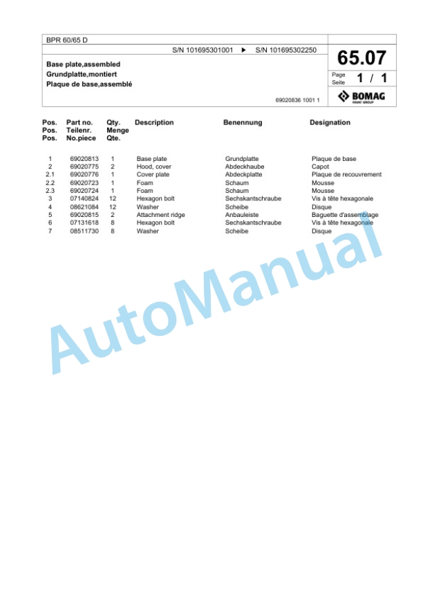 Bomag BPR 60-65 D Vibratory Plate Compactor Spare Parts Catalogue 00825789-3