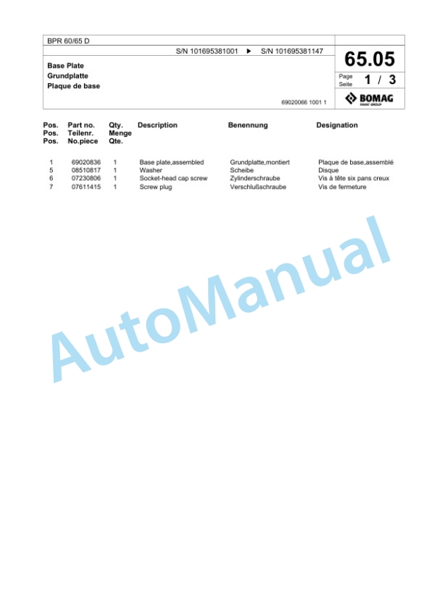 Bomag BPR 60-65 D Vibratory Plate Compactor Spare Parts Catalogue 00826337-2
