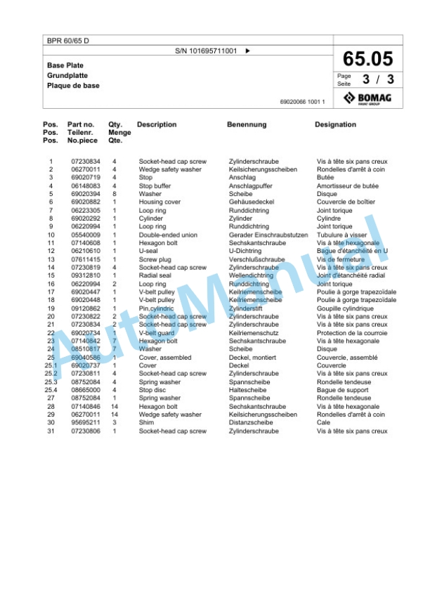 Bomag BPR 60-65 D Vibratory Plate Compactor Spare Parts Catalogue 00826821-3