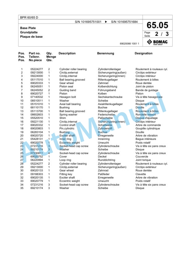 Bomag BPR 60-65 D Vibratory Plate Compactor Spare Parts Catalogue 00826847-3