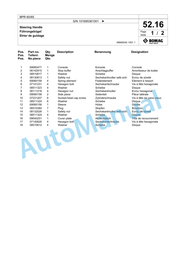 Bomag BPR 60-65 Vibratory Plate Compactor Spare Parts Catalogue 00826101-2