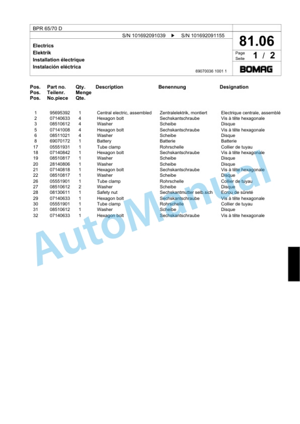 Bomag BPR 65-70 D Vibratory Plate Compactor Spare Parts Catalogue 00817993-4