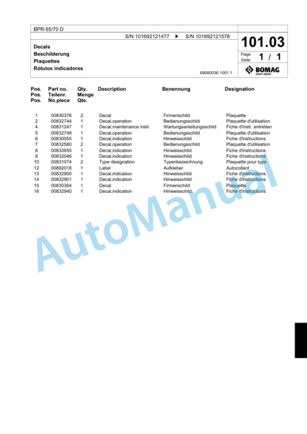 Bomag BPR 65-70 D Vibratory Plate Compactor Spare Parts Catalogue 00818567-5