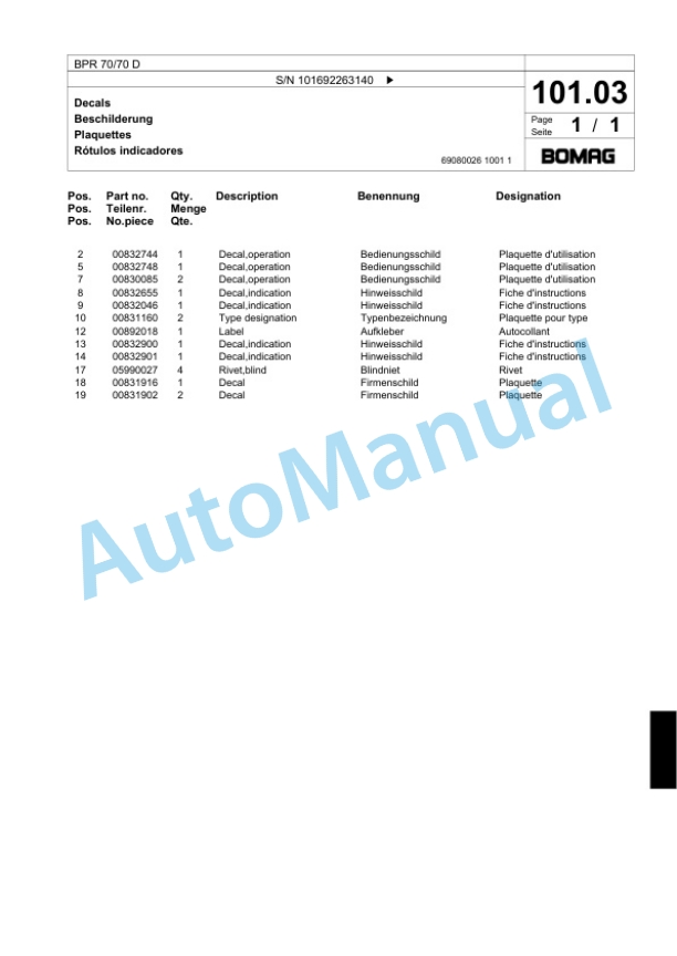 Bomag BPR 70-70 D Vibratory Plate Compactor Spare Parts Catalogue 00818747-5