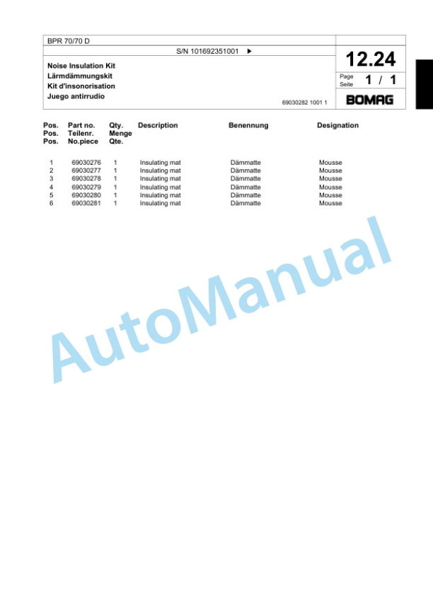 Bomag BPR 70-70 D Vibratory Plate Compactor Spare Parts Catalogue 00824251-2