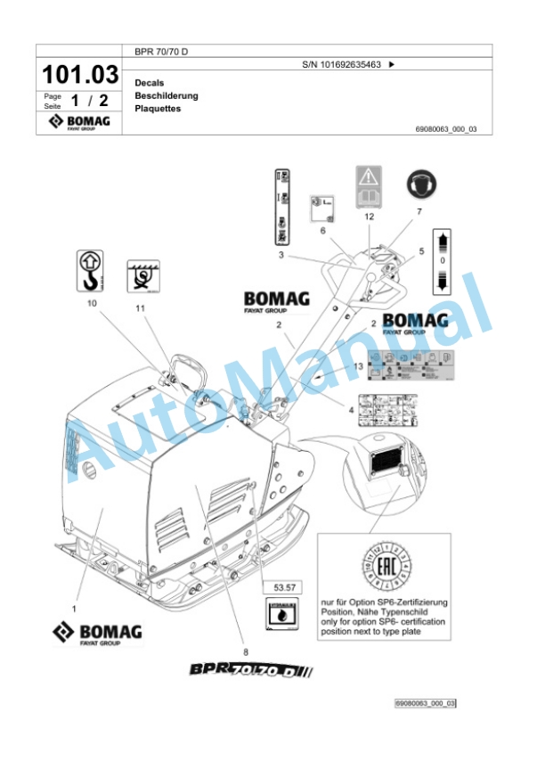 Bomag BPR 70-70 D Vibratory Plate Compactor Spare Parts Catalogue 00824329-4