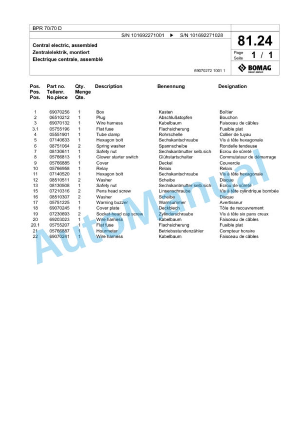 Bomag BPR 70-70 D Vibratory Plate Compactor Spare Parts Catalogue 00825117-4