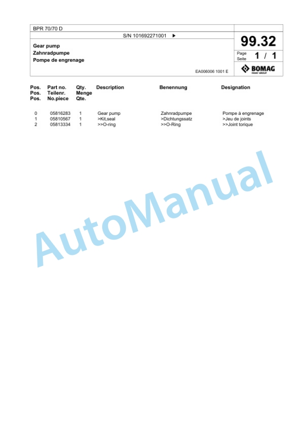 Bomag BPR 70-70 D Vibratory Plate Compactor Spare Parts Catalogue 00825117-5