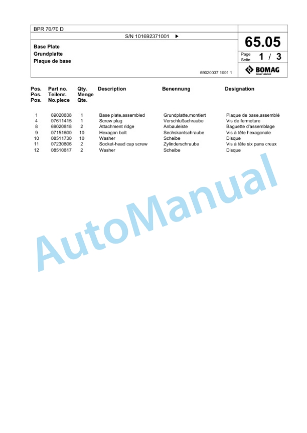 Bomag BPR 70-70 D Vibratory Plate Compactor Spare Parts Catalogue 00825141-3