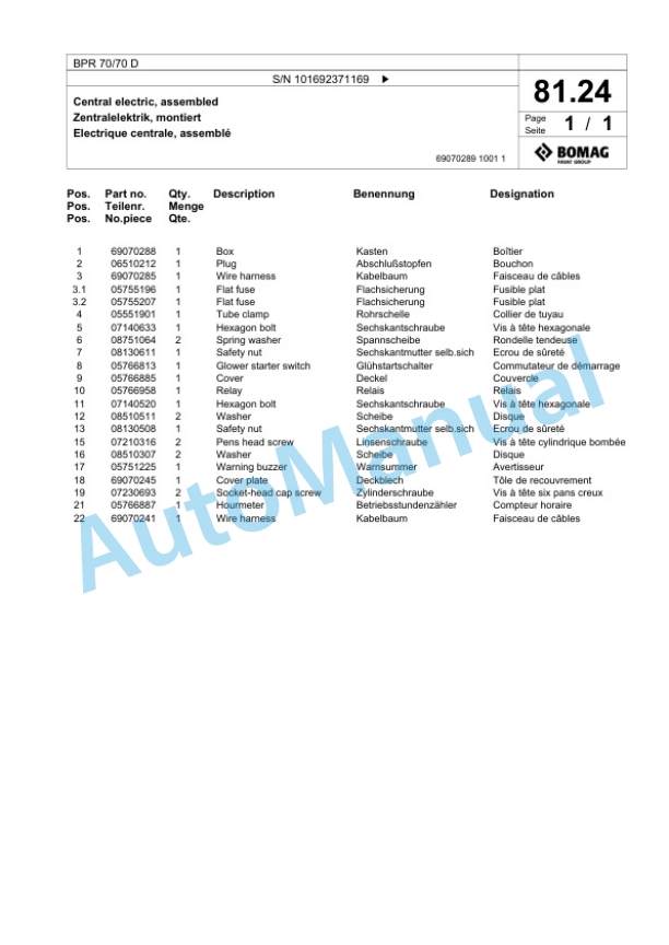 Bomag BPR 70-70 D Vibratory Plate Compactor Spare Parts Catalogue 00825141-5