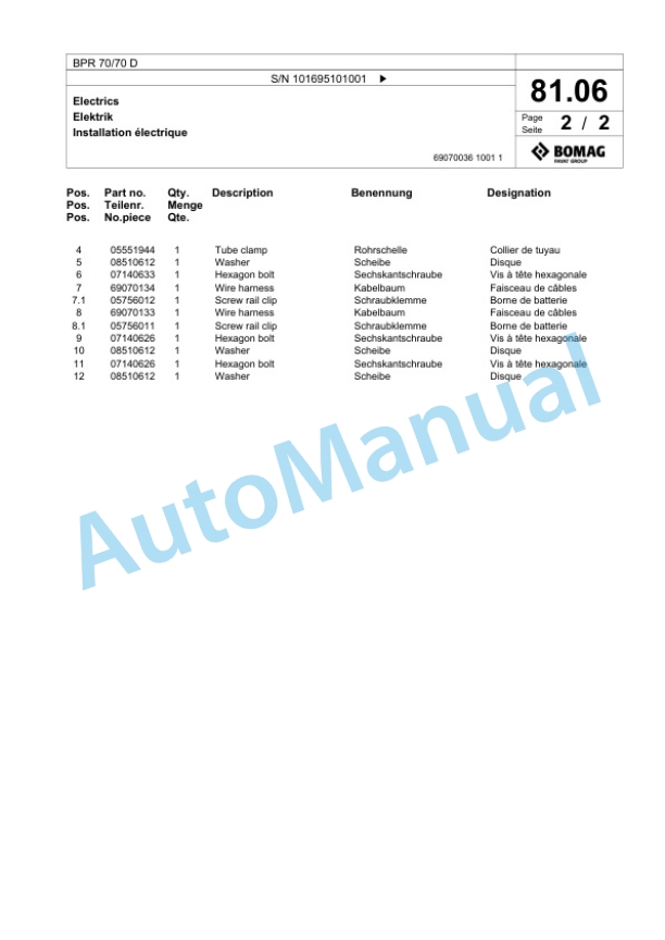Bomag BPR 70-70 D Vibratory Plate Compactor Spare Parts Catalogue 00825547-5