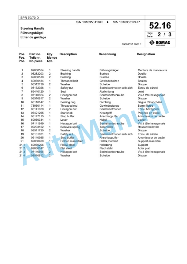 Bomag BPR 70-70 D Vibratory Plate Compactor Spare Parts Catalogue 00825797-2