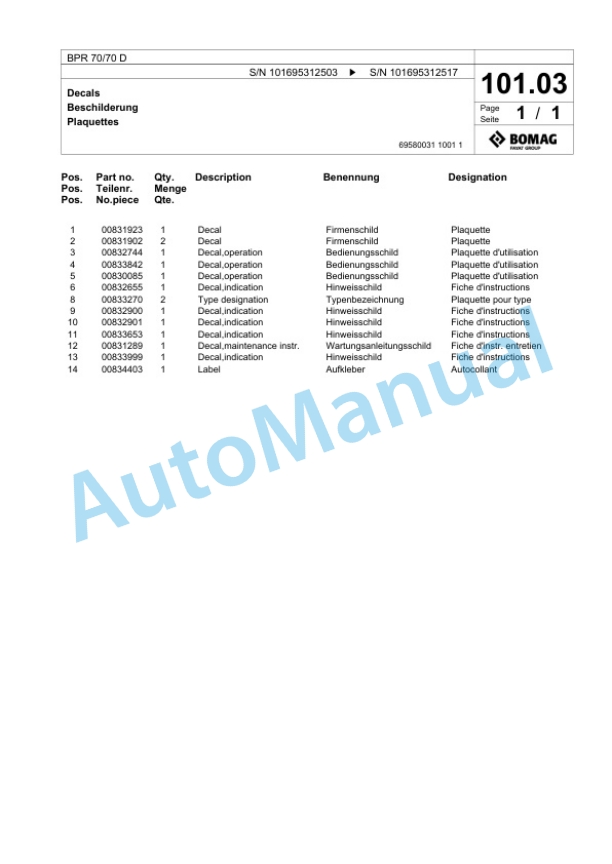 Bomag BPR 70-70 D Vibratory Plate Compactor Spare Parts Catalogue 00825797-5