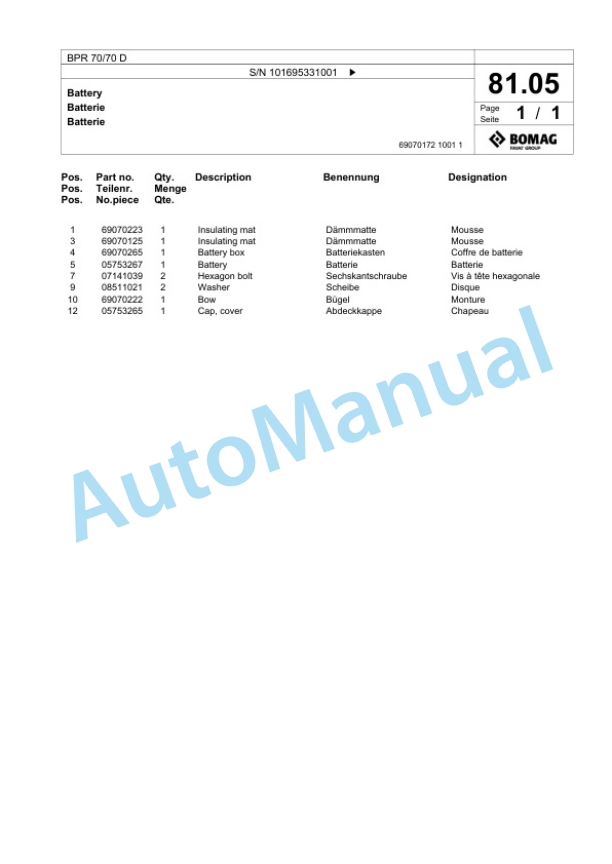 Bomag BPR 70-70 D Vibratory Plate Compactor Spare Parts Catalogue 00825799-3