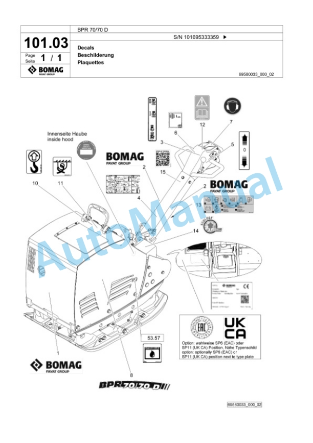Bomag BPR 70-70 D Vibratory Plate Compactor Spare Parts Catalogue 00825799-5