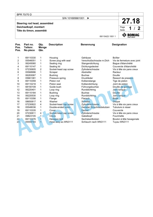 Bomag BPR 70-70 D Vibratory Plate Compactor Spare Parts Catalogue 00826739-2