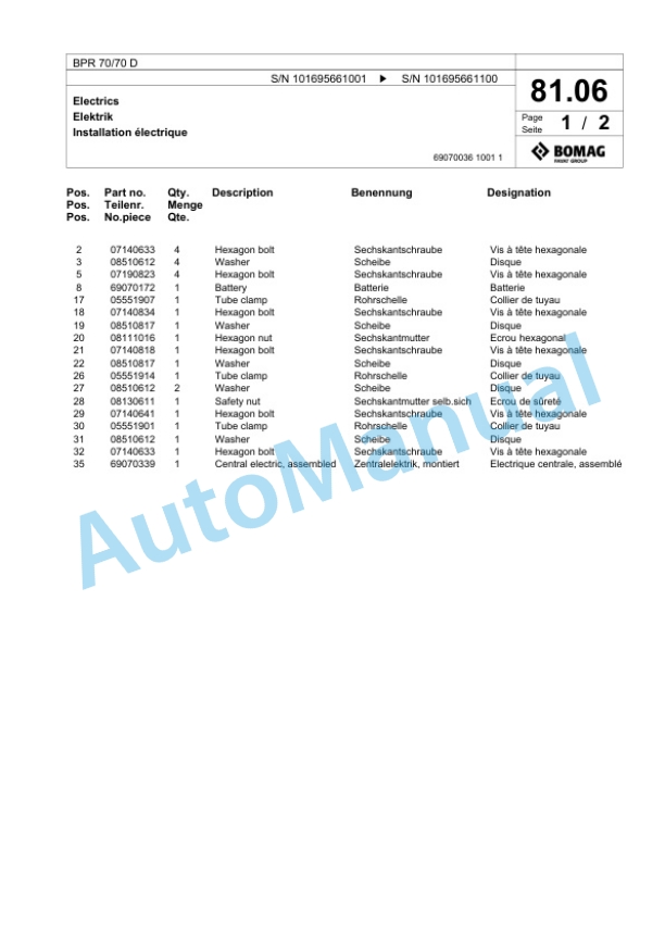 Bomag BPR 70-70 D Vibratory Plate Compactor Spare Parts Catalogue 00826739-4