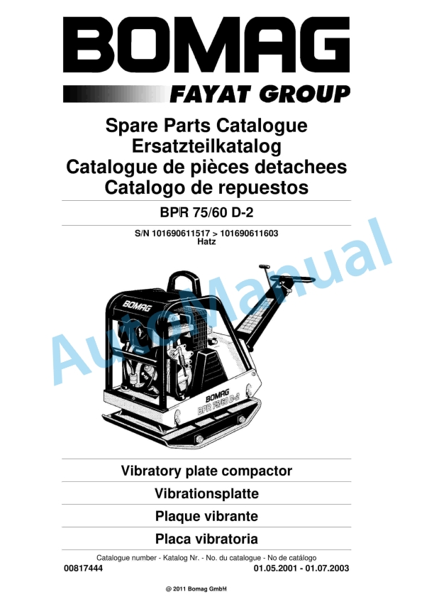 Bomag BPR 75-60 D-2 Vibratory Plate Compactor Spare Parts Catalogue 00817444