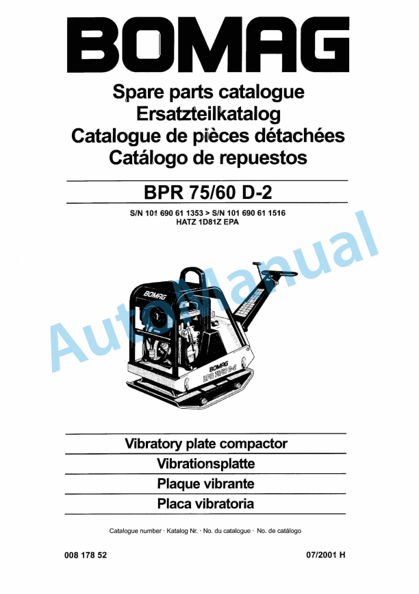 Bomag BPR 75-60 D-2 Vibratory Plate Compactor Spare Parts Catalogue 00817852
