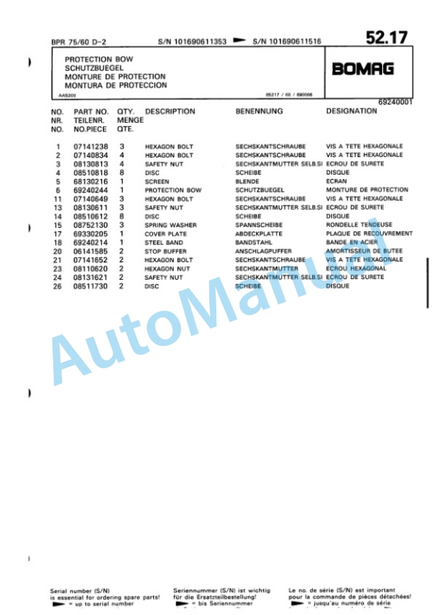 Bomag BPR 75-60 D-2 Vibratory Plate Compactor Spare Parts Catalogue 00817852-3