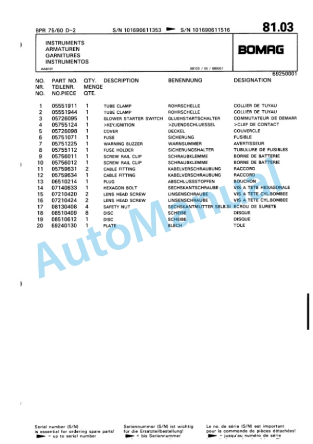 Bomag BPR 75-60 D-2 Vibratory Plate Compactor Spare Parts Catalogue 00817852-5