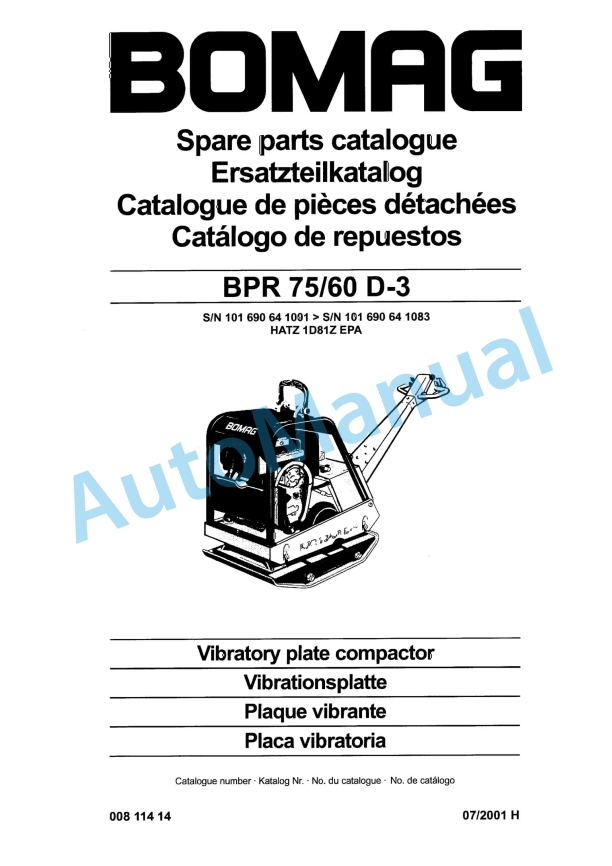 Bomag BPR 75-60 D-3 Vibratory Plate Compactor Spare Parts Catalogue 00811414