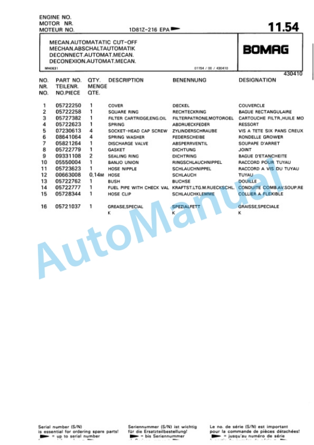 Bomag BPR 75-60 D-3 Vibratory Plate Compactor Spare Parts Catalogue 00811414-2