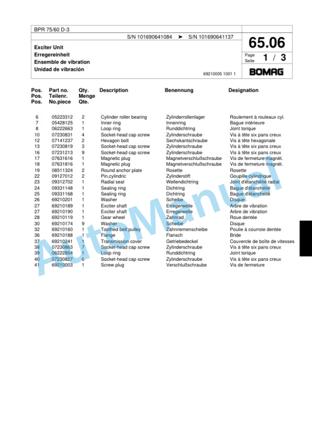 Bomag BPR 75-60 D-3 Vibratory Plate Compactor Spare Parts Catalogue 00817445-4